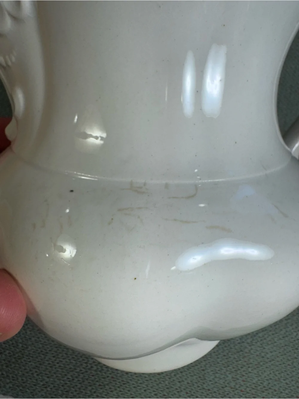 Antique White Ironstone Ice Lip Pitcher Scalloped Ceramic Jug Built-in strainer